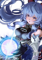Rule 34 | 1girl, artist name, bare shoulders, bell, black gloves, blue hair, blush, breasts, detached sleeves, ganyu (genshin impact), genshin impact, gloves, highres, horns, logo, long hair, looking at another, low ponytail, medium breasts, neck bell, open mouth, orb, purple eyes, ruvazro, solo, upper body, white sleeves