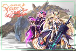 Rule 34 | 2girls, alternate costume, armor, blonde hair, breasts, chest jewel, crossover, gore magala (armor), greatsword, hammer, highres, holding, holding sword, holding weapon, huge weapon, large breasts, long hair, monster hunter (series), multiple girls, mythra (xenoblade), open mouth, pyra (xenoblade), red eyes, red hair, shagaru magala (armor), short hair, simple background, sofusan1526, swept bangs, sword, tigrex, very long hair, weapon, white background, xenoblade chronicles (series), xenoblade chronicles 2, yellow eyes