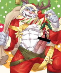 Rule 34 | 1boy, abs, animal ears, antlers, bar censor, bara, blush, bulge, candy, candy cane, censored, christmas, colored sclera, erection, erection under clothes, feet out of frame, food, furry, furry male, gift bag, girthy penis, grey fur, hat, highres, horns, large hands, large pectorals, looking at viewer, male focus, male pubic hair, muscular, muscular male, naughty face, navel, nimbus (world flipper), official alternate costume, overalls pull, pectorals, penis, pubic hair, red hat, reindeer antlers, santa costume, santa hat, short hair, smile, snout, solo, sparkle background, stomach, tail, thick eyebrows, thick thighs, thighs, tiger boy, tiger ears, tiger tail, underpec, uneven eyes, urethral insertion, weedwolfeatmeat, white fur, world flipper, yellow sclera