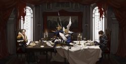 Rule 34 | 2boys, absurdres, adventurer (ff14), armor, black coat, breastplate, brown hair, candle, candlestand, carpet, chair, coat, column, commentary, crossed arms, cup, curtains, dark knight (final fantasy), detached horns, detached wings, drinking glass, emet-selch, epaulettes, facial hair, feathered wings, final fantasy, final fantasy xiv, fork, fringe trim, fur-trimmed coat, fur trim, garlean, gauntlets, gloves, grey eyes, highres, holding, holding fork, hyur, indoors, lenereco, male focus, multicolored hair, multiple boys, painting (object), pauldrons, picture frame, pillar, plate, polearm, profile, red curtains, short hair, shoulder armor, sitting, spear, spoon, streaked hair, stubble, table, tablecloth, third eye, two-tone hair, warrior of light (ff14), weapon, white gloves, window, wings, yellow eyes