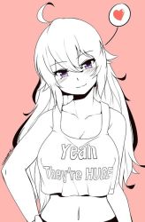 Rule 34 | 1girl, ahoge, blush, breasts, cleavage, english text, hand on own hip, heart, large breasts, long hair, monochrome, navel, purple eyes, rwby, simple background, smile, solo, spoken heart, spot color, tank top, yang xiao long, z666ful