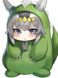 Rule 34 | 1girl, animal ears, blue eyes, blush, closed mouth, commentary request, dinosaur costume, dokomon, drooling, ears through headwear, full body, grey hair, highres, hood, hood up, horse ears, korean commentary, looking at viewer, multicolored hair, oguri cap (umamusume), simple background, solo, two-tone hair, umamusume, v-shaped eyebrows, white background