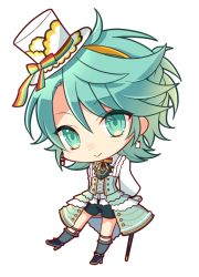 Rule 34 | 1boy, alternate hairstyle, arms behind back, blush, bow, bowtie, cane, chibi, closed mouth, earrings, green eyes, green hair, hat, high heels, holostars, jewelry, kagami kira, kneehighs, long sleeves, looking at viewer, male focus, nyokkiiiiin, short hair, short shorts, shorts, smile, socks, solo, standing, standing on one leg, top hat, transparent background, trap, virtual youtuber, white hat