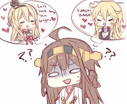 Rule 34 | 10s, 3girls, ?, ??, ahoge, blonde hair, blush, brown hair, crown, closed eyes, headband, heart, iowa (kancolle), japanese clothes, kantai collection, kongou (kancolle), kvlen, miko, multiple girls, nontraditional miko, simple background, thought bubble, turn pale, warspite (kancolle), wide oval eyes, yuri