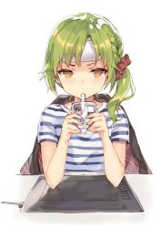 Rule 34 | 1girl, blanket, blush, brown eyes, copyright request, drawing tablet, drinking, green hair, hair ornament, hair scrunchie, holding, long hair, looking at viewer, momoko (momopoco), scrunchie, shirt, side ponytail, solo, striped clothes, striped shirt, wacom, white background