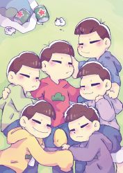 Rule 34 | 6+boys, akhts, beer can, blue sweater, blush, brown hair, can, closed eyes, closed mouth, commentary, denim, drink can, english commentary, family, grass, green sweater, heineken, highres, hood, hood down, hug, jeans, long sleeves, lying, matsuno choromatsu, matsuno ichimatsu, matsuno jyushimatsu, matsuno karamatsu, matsuno osomatsu, matsuno todomatsu, multiple boys, on back, osomatsu-san, osomatsu (series), outdoors, pants, pink sweater, purple sweater, red sweater, short hair, sleeping, sleeves past fingers, sleeves past wrists, sweater, very short hair, yellow sweater