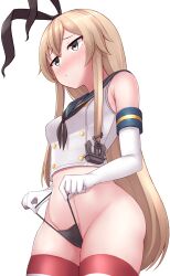 Rule 34 | 1girl, absurdres, adjusting clothes, adjusting panties, black neckerchief, black panties, blonde hair, blue sailor collar, blush, cowboy shot, crop top, elbow gloves, frontal wedgie, gloves, hair between eyes, highleg, highleg panties, highres, kantai collection, lifting own clothes, long hair, looking away, navel, neckerchief, panties, panty lift, parted lips, sailor collar, school uniform, serafuku, shimakaze (kancolle), sidelocks, simple background, sleeveless, solo, striped clothes, striped thighhighs, thighhighs, tiemu (man190), underwear, wedgie, white background, white gloves, yellow eyes