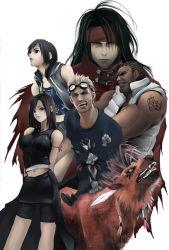 Rule 34 | 00s, 1990s (style), 2girls, 3boys, arms behind back, bare shoulders, barret wallace, black hair, blonde hair, breasts, cait sith (ff7), cid highwind, cigarette, clenched teeth, cornrows, everyone, final fantasy, final fantasy vii, final fantasy vii advent children, goggles, goggles on head, headband, lips, long hair, monster, multiple boys, multiple girls, navel, parted lips, red xiii, retro artstyle, sharp teeth, shihira tatsuya, shorts, shorts under skirt, simple background, smile, tank top, tattoo, teeth, tifa lockhart, vincent valentine, white background, yuffie kisaragi