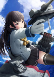 Rule 34 | &gt;:o, 10s, 1girl, :o, aiming, ammunition, bad id, bad pixiv id, black hair, black skirt, black thighhighs, blue sky, blunt bangs, buttons, cannon, cloud, day, gun, headgear, highres, holding, holding gun, holding weapon, isokaze (kancolle), kantai collection, long hair, long sleeves, machinery, ocean, outdoors, outstretched arm, papi (papiron100), parted lips, pleated skirt, red eyes, serious, shirt, skirt, sky, solo, thighhighs, torpedo, turret, v-shaped eyebrows, water, weapon, white shirt, zettai ryouiki