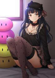 Rule 34 | 1girl, animal print, bed sheet, beret, black hair, black hat, black shirt, blush, breasts, brown eyes, brown skirt, brown thighhighs, buttoned cuffs, buttons, cleavage, closed mouth, commentary, day, earrings, fake horns, frilled shirt, frills, hat, heart, heart earrings, highres, horned headwear, horns, idolmaster, idolmaster shiny colors, indoors, jewelry, kazenokaze, knees up, leopard print, long hair, long sleeves, looking at viewer, mayuzumi fuyuko, medium breasts, no shoes, polka dot, polka dot legwear, shirt, sitting, skirt, smile, solo, sunlight, thighhighs, very long hair, window