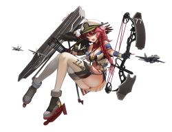 Rule 34 | 1girl, aircraft, aircraft carrier, airplane, artist name, ass, bald eagle, bird, bow (weapon), braid, braided ponytail, breasts, bsapricot, cleavage, compound bow, eagle, fang, fighter jet, green eyes, hat, highres, jet, military, military vehicle, miniskirt, navel, original, peaked cap, red hair, ship, simple background, single braid, skirt, solo, twitter username, united states navy, uss george h.w. bush (cvn-77), warship, watercraft, weapon, white background