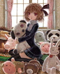 Rule 34 | 1girl, :o, alternate costume, black thighhighs, blonde hair, button eyes, buttons, cross, curtains, hair ornament, kabaji, looking at viewer, oil painting (medium), painting (medium), red eyes, rumia, short hair, sitting, solo, stuffed animal, stuffed dog, stuffed lion, stuffed panda, stuffed pig, stuffed rabbit, stuffed sheep, stuffed toy, teddy bear, thighhighs, touhou, traditional media, wariza, window