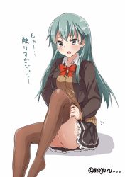 Rule 34 | 1girl, aqua eyes, aqua hair, ascot, bad id, bad twitter id, black skirt, blazer, brown skirt, brown thighhighs, cardigan, commentary request, dated, dressing, frilled skirt, frills, hair ornament, hairclip, highres, jacket, kantai collection, long hair, meguru (megurunn), open cardigan, open clothes, open mouth, pleated skirt, remodel (kantai collection), school uniform, simple background, sitting, skirt, solo, suzuya (kancolle), thighhighs, twitter username, white background