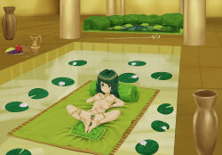 Rule 34 | 1girl, absurdres, anklet, armlet, barefoot, belly chain, bracelet, breasts, censored, feet, female pubic hair, full body, glasses, green eyes, green hair, highres, jewelry, knees apart feet together, large breasts, lily pad, looking at viewer, lying, medium hair, mosaic censoring, navel, necklace, nipples, nude, on back, pillow, pubic hair, pussy, solo, spread legs, storm92, tessou tsuzuri, thighs, toaru kagaku no railgun, toaru majutsu no index, toes