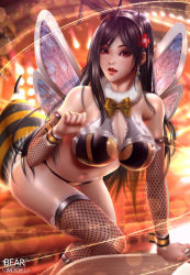 Rule 34 | 1girl, absurdres, alternate costume, antennae, arthropod girl, artist name, bare shoulders, bearwitch, bee costume, bee girl, bent over, black bra, black hair, black panties, bow, bra, bracelet, breasts, cleavage, detached sleeves, earrings, feet out of frame, final fantasy, final fantasy vii, fishnet thighhighs, fishnets, flower, hair flower, hair ornament, hand up, highres, huge filesize, insect girl, insect wings, jewelry, large breasts, lips, long hair, looking at viewer, multicolored bra, multicolored clothes, multicolored panties, navel, panties, red eyes, skindentation, solo, stomach, teeth, thigh strap, thighhighs, tifa lockhart, underwear, upper teeth only, wings, yellow bra, yellow neckwear, yellow panties