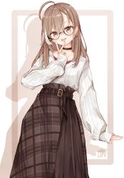 Rule 34 | 1girl, absurdres, ahoge, belt, berry, black choker, brown eyes, brown hair, brown skirt, choker, earrings, food-themed earrings, glasses, highres, hololive, hololive english, jewelry, long hair, long skirt, looking at viewer, ma draws, multicolored hair, nanashi mumei, nanashi mumei (casual), necklace, official alternate costume, plaid, plaid skirt, pleated skirt, red shirt, round eyewear, runes, shirt, simple background, skirt, sleeves past wrists, streaked hair, sweater, tongue, tongue out, v, very long hair, virtual youtuber, white sweater