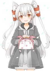 Rule 34 | 1girl, amatsukaze (kancolle), bento, brown eyes, coat, cocoperino, commentary request, cowboy shot, dress, grey coat, hair tubes, highres, hood, hooded dress, hoodie, kantai collection, long hair, looking at viewer, official alternate costume, silver hair, smokestack hair ornament, solo, standing, two side up, white dress, wrapped bento