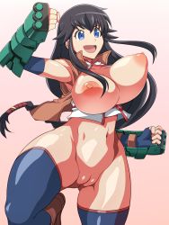 Rule 34 | 10s, 1girl, absurdres, black hair, blue eyes, bottomless, bouncing breasts, breasts, breasts out, cleft of venus, curvy, gauntlets, highres, huge breasts, kanami (log horizon), large breasts, log horizon, long hair, low-tied long hair, navel, nipples, open mouth, puffy nipples, pussy, smile, solo, thick thighs, thighs, uncensored, wide hips, zasshu nigou