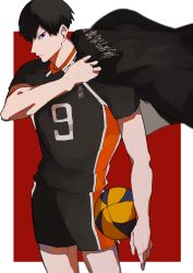 Rule 34 | 1boy, ball, black hair, blue eyes, border, haikyuu!!, highres, holding, holding ball, jacket, jacket on shoulders, kageyama tobio, looking at viewer, male focus, profile, red background, short hair, simple background, solo, sportswear, standing, tatami06, volleyball uniform