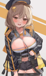 Rule 34 | 1girl, absurdres, ahoge, ammunition belt, anis (nikke), beret, black hat, black jacket, black shorts, blush, breasts, brown eyes, center opening, cleavage, commentary, cowboy shot, cropped shirt, goddess of victory: nikke, grey background, grey shirt, hair ornament, hat, highres, jacket, large breasts, light brown hair, looking at viewer, medium hair, midriff, military hat, navel, open clothes, open jacket, open mouth, orange background, shirt, short shorts, shorts, simple background, smile, solo, standing, thigh gap, thigh strap, two-tone background, unzipped, watage tanpopo