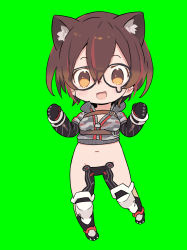Rule 34 | 1girl, :d, animal ears, belt, blade (galaxist), brown belt, brown eyes, brown hair, camouflage, cat ears, chest belt, chibi, cropped sweater, full body, glasses, green background, hands up, highres, hololive, looking at viewer, open mouth, paw shoes, revealing clothes, roboco-san, roboco-san (1st costume), smile, solo, teardrop-framed glasses, virtual youtuber
