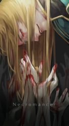 Rule 34 | 1boy, blonde hair, blood, english text, closed eyes, from side, glasses, glowing, glowing eyes, highres, jade curtiss, long hair, looking down, male focus, necromancer, reaching, red eyes, smile, solo, takagi rakuji, tales of (series), tales of the abyss, undead