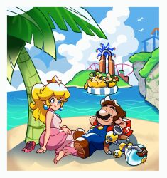 Rule 34 | absurdres, arms behind head, barefoot, beach, bird, blonde hair, blue eyes, blue overalls, bowser, bowser jr., brown footwear, brown hair, closed eyes, cloud, cloudy sky, crown, earrings, f.l.u.d.d., ferris wheel, gold bracelet, highres, inflatable raft, jewelry, leaf, lipstick, loveycloud, lying, makeup, mario, mario (series), nintendo, on back, on ground, overalls, palm tree, pink lips, ponytail, princess peach, red footwear, red nails, red shirt, ring, roller coaster, shirt, shoes, sitting, sky, sleeping, smile, super mario sunshine, tree, unworn shoes