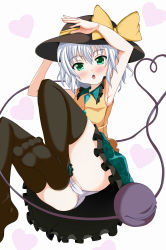 Rule 34 | 1girl, absurdres, armpits, black thighhighs, bow, female focus, furagu, green hair, hat, hat bow, highres, komeiji koishi, open mouth, outstretched arms, panties, short hair, silver hair, sleeveless, solo, thighhighs, third eye, touhou, underwear, white panties