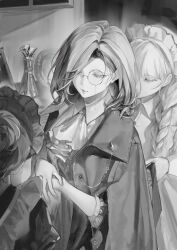 Rule 34 | 3girls, ascot, asymmetrical bangs, asymmetrical hair, braid, closed eyes, closed mouth, closet, collared shirt, dreya (path to nowhere), flower, glasses, greyscale, hair over one eye, half-closed eye, indoors, jacket, long hair, moaomao mo, monochrome, multiple girls, own hands together, parted bangs, path to nowhere, photo (object), shirt, solo focus, upper body
