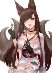 Rule 34 | 1girl, absurdres, akagi (azur lane), akagi (precipice of sweetness) (azur lane), animal ears, azur lane, black choker, black gloves, blush, breasts, brown hair, choker, cleavage, dango, floral print, flower, food, food in mouth, fox ears, fox girl, fox tail, gloves, hair ornament, hairclip, hand on own chest, hands up, highres, ichikushi mojibake, japanese clothes, kimono, kitsune, large breasts, long hair, looking at viewer, mouth hold, multiple tails, orange eyes, pink flower, pink kimono, print kimono, red eyes, sash, sharing food, sitting, slit pupils, solo, tail, very long hair, wagashi, x hair ornament
