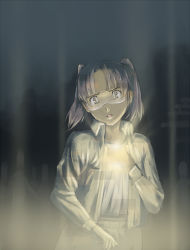 Rule 34 | 00s, 1girl, amasawa yuuko, brown eyes, brown hair, dennou coil, glasses, head tilt, light, light rays, long sleeves, looking at viewer, solo, surprised, twintails, upper body, wide-eyed