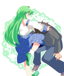 Rule 34 | 1boy, 1girl, bad id, bad pixiv id, commentary request, detached sleeves, faceless, faceless male, green eyes, green hair, hammer (sunset beach), in the face, knee strike, knee to the face, kneeing, kochiya sanae, long hair, touhou