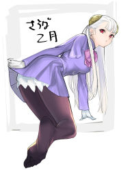Rule 34 | 1girl, albino, bent over, black pantyhose, capcom fighting jam, clothes lift, commentary request, dress, feet, gloves, hairpods, highres, ingrid (capcom), no shoes, pantyhose, purple dress, red eyes, skirt, skirt lift, solo, tetsu (kimuchi), toes, translation request, white gloves, white hair