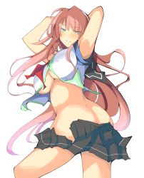 Rule 34 | 1girl, aqua eyes, arms up, ass, bad id, bad pixiv id, blush, breasts, female focus, hairband, large breasts, long hair, looking at viewer, original, pink hair, school uniform, serafuku, simple background, skirt, smile, solo, tenpesuto, torn clothes, twisted torso, underboob, very long hair, white background