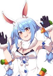 Rule 34 | 1girl, absurdres, animal ear fluff, black gloves, blue hair, bow, braid, breasts, carrot hair ornament, cleavage, commentary, disco brando, english commentary, food-themed hair ornament, gloves, hair bow, hair ornament, hands up, highres, hololive, long hair, looking at viewer, medium breasts, multicolored hair, open mouth, rabbit-shaped pupils, red eyes, simple background, smile, solo, symbol-shaped pupils, thick eyebrows, twin braids, twintails, two-tone hair, usada pekora, usada pekora (1st costume), virtual youtuber, white background, white bow, white hair