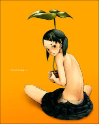 Rule 34 | 1girl, back, black hair, crossed legs, futaba administrator, futaba channel, hair ornament, hairclip, indian style, looking back, open clothes, open skirt, original, panties, plant, pleated skirt, short hair, simple background, sitting, skirt, solo, tentronin, topless, underwear, undressing, white panties