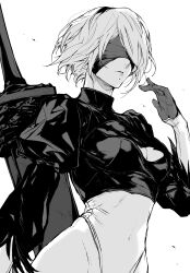 Rule 34 | 1girl, 2b (nier:automata), absurdres, blindfold, breasts, cleavage cutout, clothing cutout, covered eyes, feather-trimmed sleeves, gloves, greyscale, highres, leotard, long sleeves, medium breasts, mole, mole under mouth, monochrome, nier:automata, nier (series), nishiii26miii, parted lips, short hair, solo, sword, upper body, weapon, weapon behind back, white background