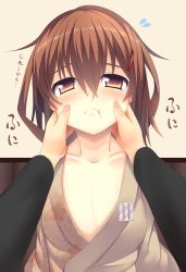 Rule 34 | 10s, 1girl, blush, brown eyes, brown hair, cheek pinching, collarbone, fang, fang out, flat chest, frown, hair ornament, hairclip, highres, ikazuchi (kancolle), japanese clothes, kantai collection, kimono, pinching, pov, short hair, solo focus, sukage, translation request