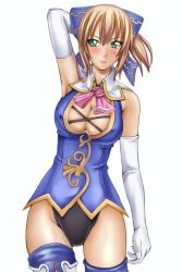 Rule 34 | 1girl, armpits, blush, breasts, cassandra alexandra, cleavage cutout, clothing cutout, covered erect nipples, elbow gloves, gloves, green eyes, large breasts, metadora, necktie, pink necktie, solo, soul calibur, soulcalibur, soulcalibur iv, thighhighs