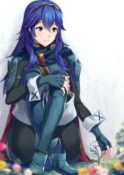 Rule 34 | 1girl, ameno (a meno0), bad id, bad twitter id, blue eyes, blue hair, blush, cape, fingerless gloves, fire emblem, fire emblem awakening, gloves, hair between eyes, long hair, looking at viewer, lucina (fire emblem), nintendo, simple background, smile, solo, tiara