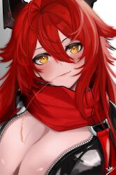 Rule 34 | 1girl, absurdres, artist name, black jacket, blush, breasts, cleavage, commentary, goddess of victory: nikke, hair between eyes, highres, horns, jacket, large breasts, leather, leather jacket, long hair, looking at viewer, mechanical horns, mouth hold, red hair, red hood (nikke), red scarf, scarf, sidelocks, signature, simple background, smile, solo, stalk in mouth, unzipped, upper body, white background, yellow eyes, yuka 1503
