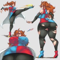 Rule 34 | 1girl, absurdres, android 21, ass, breasts, covered erect nipples, curvy, detached sleeves, dragon ball, dragon ball fighterz, earrings, female focus, full body, glasses, gluteal fold, highres, huge ass, huge breasts, jewelry, kicking, la potato, lab coat, leggings, long hair, looking back, looking down, nail polish, ring, solo, thick thighs, thighs, torn clothes, wide hips