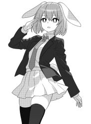 Rule 34 | 1girl, animal ears, bright pupils, collared shirt, commentary, greyscale, jacket, long sleeves, looking at viewer, monochrome, necktie, onkn sxkn, open mouth, pleated skirt, rabbit ears, rabbit girl, rabbit tail, reisen (touhou bougetsushou), shirt, simple background, skirt, solo, tail, thighhighs, touhou