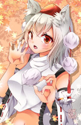 Rule 34 | 1girl, absurdres, animal ear fluff, animal ears, autumn leaves, bare shoulders, breasts, brown background, dated, detached sleeves, fang, frilled sleeves, frills, grey hair, hair between eyes, hat, highres, inubashiri momiji, large breasts, leaf, leaf background, looking at viewer, maccha xxxxxx, medium hair, midriff, navel, open mouth, pom pom (clothes), red eyes, red hat, red ribbon, red tassel, ribbon, ribbon-trimmed sleeves, ribbon trim, shirt, signature, sleeveless, sleeveless shirt, solo, tail, tassel, tokin hat, touhou, upper body, white shirt, wide sleeves, wolf ears, wolf girl, wolf tail