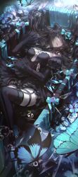 Rule 34 | 1girl, absurdres, aqua bow, arcaea, bare shoulders, black dress, black gloves, black hair, black thighhighs, blue eyes, bow, bubble, bug, butterfly, dress, flower, gloves, hair bow, hair ornament, highres, insect, long hair, long sleeves, looking at viewer, lying, on back, parted lips, siyrgr, solo, tairitsu (arcaea), tairitsu (tempest) (arcaea), thighhighs, thighs
