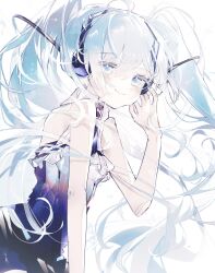 Rule 34 | 1girl, ahoge, bare arms, bare shoulders, black dress, blue eyes, closed mouth, dress, frills, green hair, hair between eyes, hand up, hatsune miku, headphones, highres, kino-cands, long hair, looking at viewer, simple background, sleeveless, sleeveless dress, smile, solo, twintails, vocaloid, white background