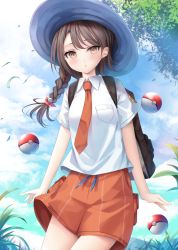 Rule 34 | 1girl, backpack, bad id, bad pixiv id, bag, blue hat, blush, braid, brown bag, brown eyes, brown hair, cloud, collared shirt, commentary request, creatures (company), day, eyelashes, falling leaves, game freak, grass, hat, highres, juliana (pokemon), leaf, long hair, looking at viewer, murano, necktie, nintendo, orange necktie, orange shorts, outdoors, poke ball, poke ball (basic), pokemon, pokemon sv, shirt, short sleeves, shorts, single braid, sky, solo, white shirt
