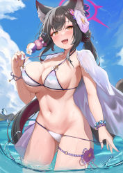 Rule 34 | 1girl, :d, animal ear fluff, animal ears, bikini, black hair, blue archive, blue sky, blush, bracelet, breasts, brown eyes, cleavage, clothes pull, cloud, cowboy shot, day, flower, hair flower, hair ornament, halo, highres, jewelry, large breasts, long hair, looking at viewer, multicolored hair, nail polish, navel, ocean, open mouth, outdoors, ponytail, pulled by self, purple flower, purple nails, red hair, sidelocks, sky, smile, solo, soso (chlgksk110), standing, stomach, strap lift, streaked hair, string bikini, swimsuit, thigh strap, thighs, very long hair, wading, wakamo (blue archive), wakamo (swimsuit) (blue archive), water, white bikini