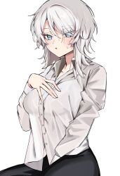 Rule 34 | black pants, blue eyes, breasts, faust (project moon), hair between eyes, highres, large breasts, limbus company, looking at viewer, medium hair, mu46016419, pants, project moon, shirt, simple background, white background, white shirt