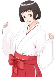 Rule 34 | 1girl, brown eyes, brown hair, japanese clothes, miko, nanahime, open mouth, original, short hair, simple background, solo